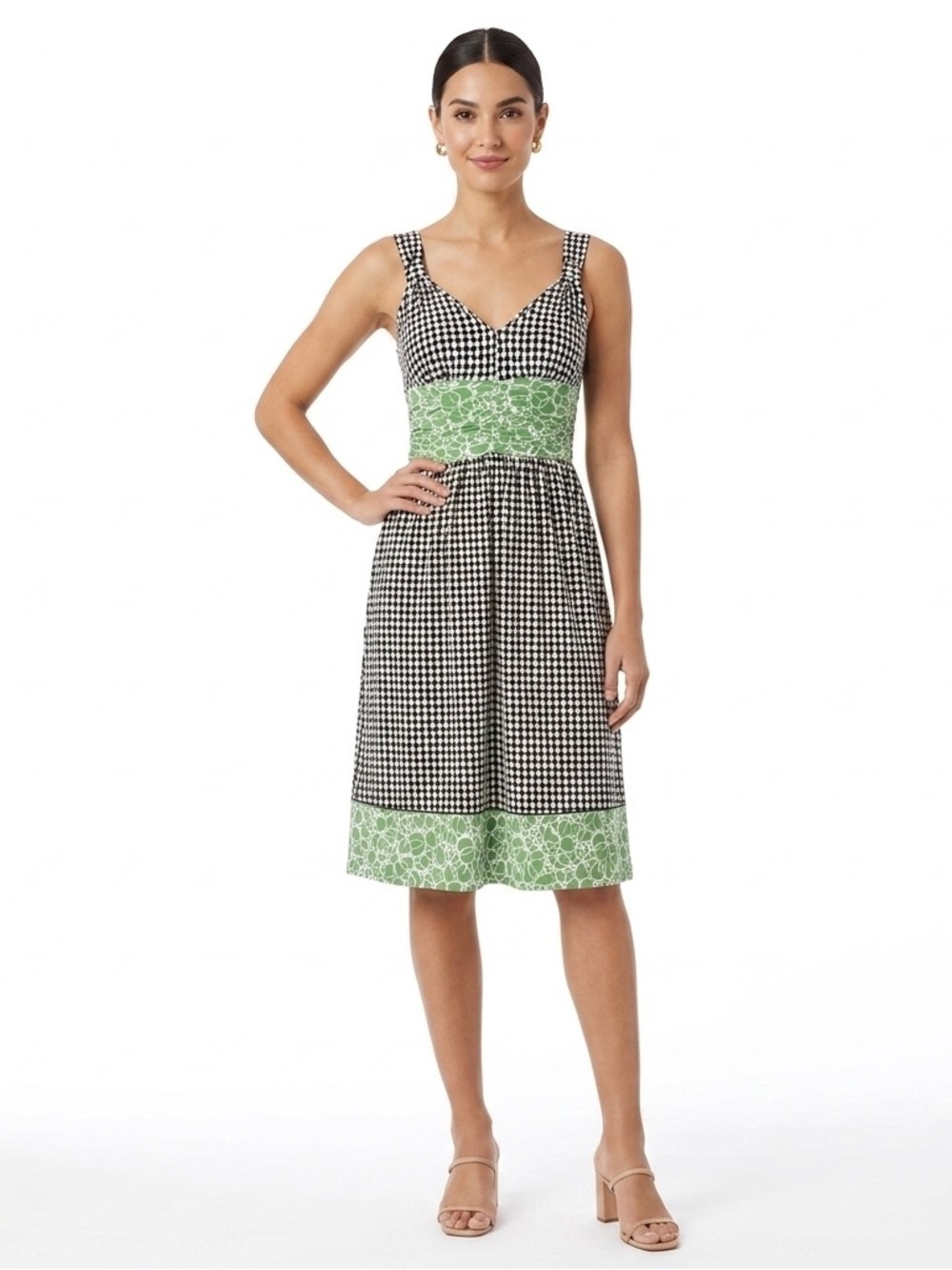Nine West Black & White Print Dress with Green Waist | Stretch Fit | Size 2